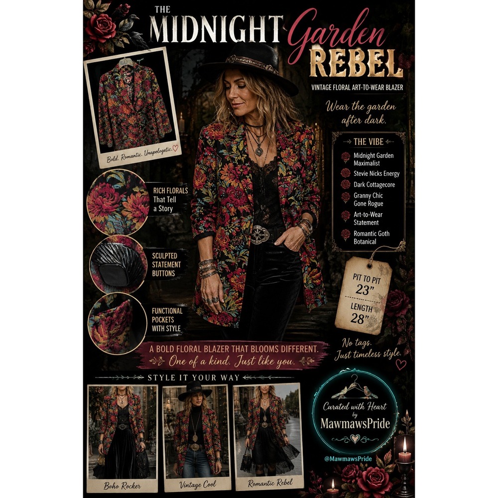 Vintage Midnight Garden Rebel Floral Art to Wear Blazer Dark Cottagecore Boho